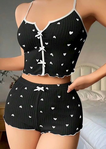 Siyah Kalp Desenli Kısa Kadın Pijama Takımı - Görsel 3