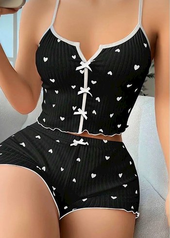 Siyah Kalp Desenli Kısa Kadın Pijama Takımı - Görsel 2