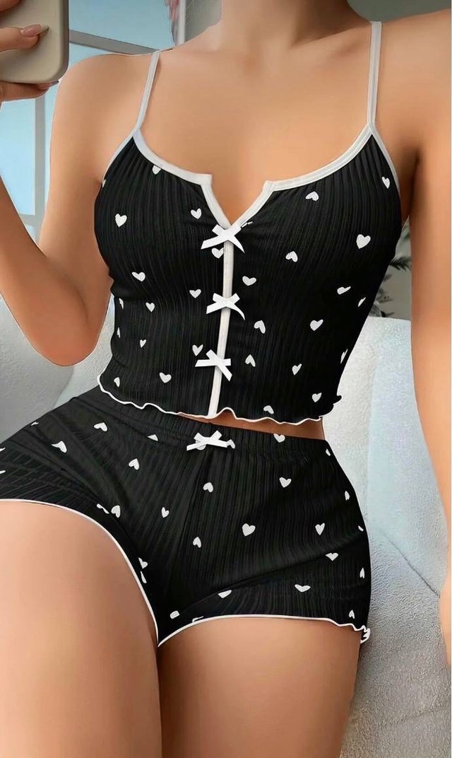 Siyah Kalp Desenli Kısa Kadın Pijama Takımı - Görsel 2