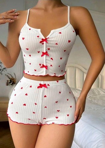 Kalp Desenli Beyaz Mini Kadın Pijama Takımı - Görsel 4