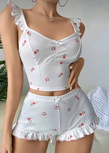 Kırmızı Kirazlı Beyaz Mini Kadın Pijama Takımı - Görsel 3