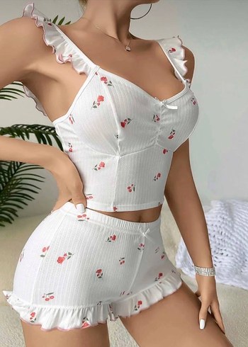 Kırmızı Kirazlı Beyaz Mini Kadın Pijama Takımı - Görsel 2