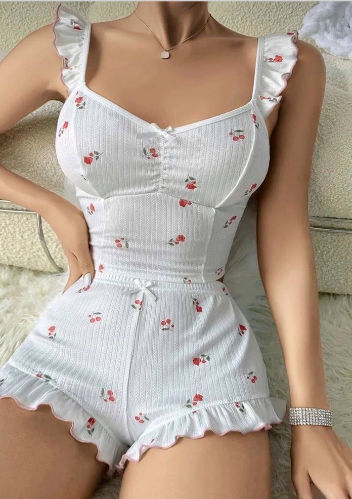 Kırmızı Kirazlı Beyaz Mini Kadın Pijama Takımı - Görsel 4