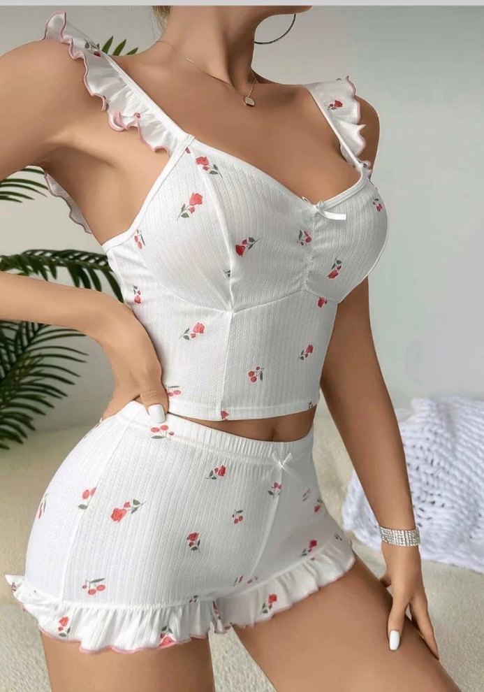 Kırmızı Kirazlı Beyaz Mini Kadın Pijama Takımı - Görsel 2