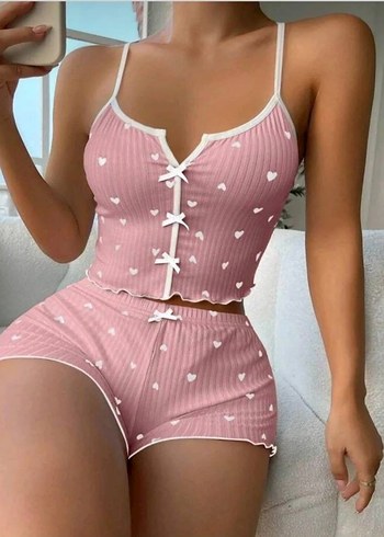 Pembe Kalp Desenli Kısa Askılı Pijama Takımı - Görsel 2
