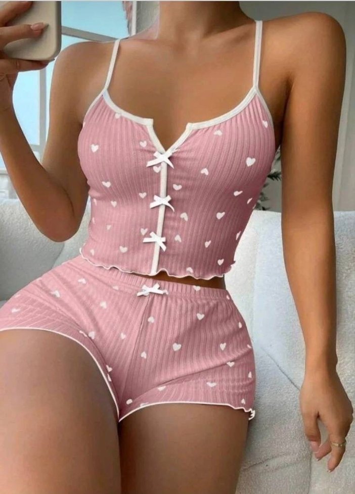 Pembe Kalp Desenli Kısa Askılı Pijama Takımı - Görsel 2