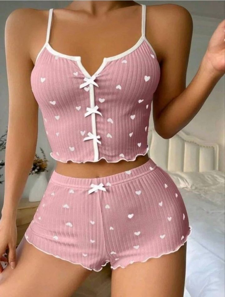 Pembe Kalp Desenli Kısa Askılı Pijama Takımı - Görsel 3