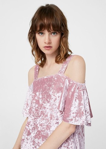 MANGO Pembe Kadife Kayık Yaka Midi Elbise - Görsel 2