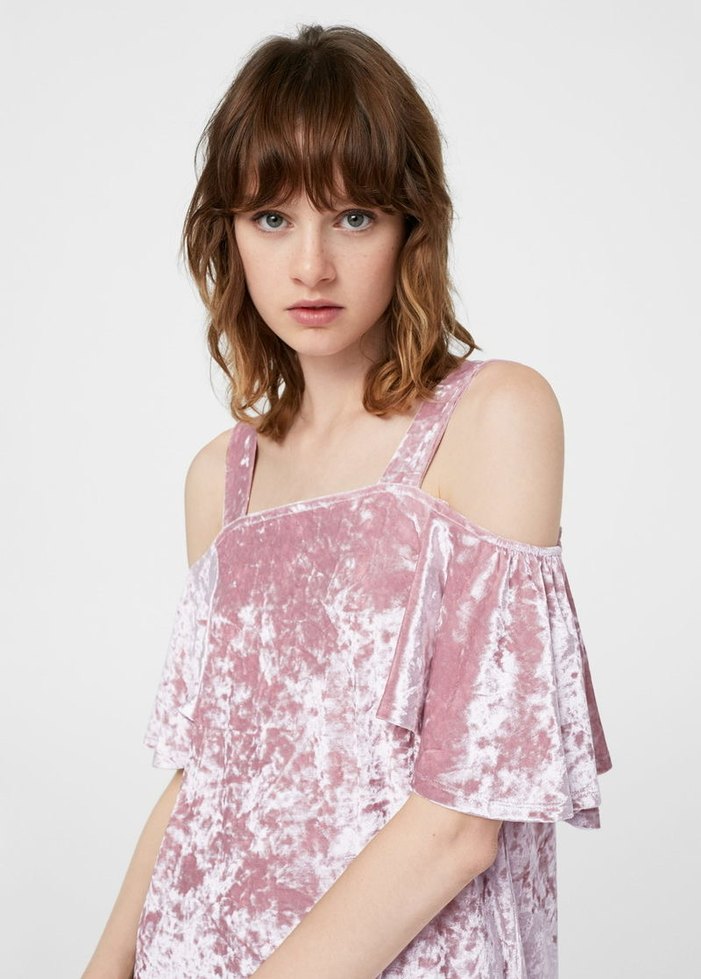 MANGO Pembe Kadife Kayık Yaka Midi Elbise - Görsel 2