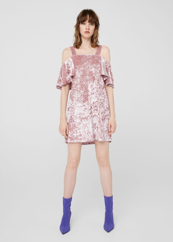 MANGO Pembe Kadife Kayık Yaka Midi Elbise - Görsel 3