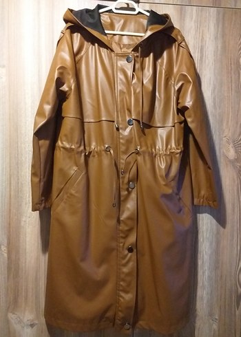 Kahverengi Uzun Deri Kadın Yağmurluk - Görsel 7