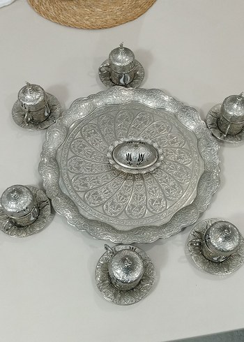 Gümüş Renkli İşlemeli Kahve Fincan Takımı - Görsel 5