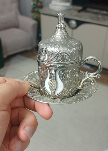 Gümüş Renkli İşlemeli Kahve Fincan Takımı - Görsel 8