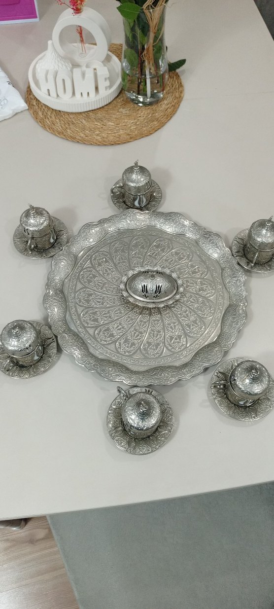 Gümüş Renkli İşlemeli Kahve Fincan Takımı - Görsel 5