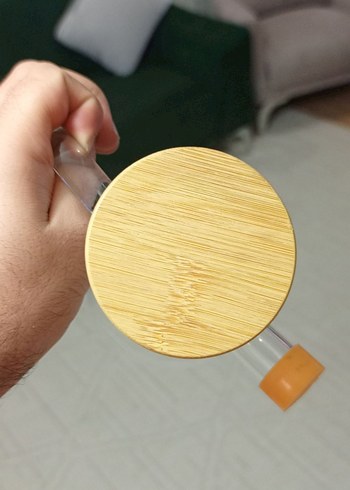 Bambu Kapaklı Sarı Cam Yağdanlık - Görsel 5