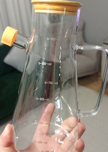 Bambu Kapaklı Sarı Cam Yağdanlık - Görsel 2