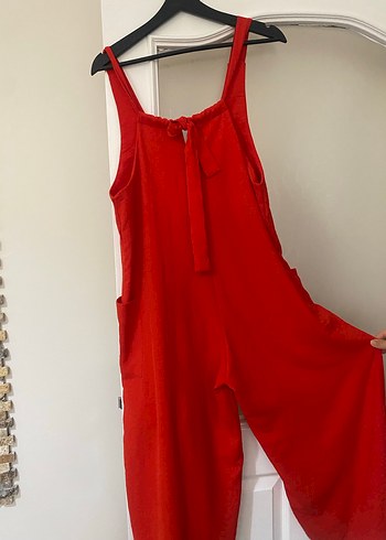 Kırmızı Hamile Keten Tulum V Yakalı - Görsel 4