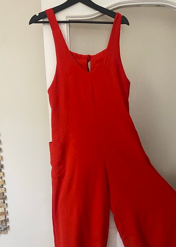 Kırmızı Hamile Keten Tulum V Yakalı - Görsel 3