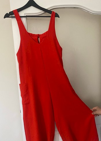 Kırmızı Hamile Keten Tulum V Yakalı - Görsel 2