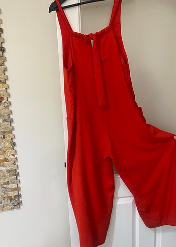 Kırmızı Hamile Keten Tulum V Yakalı - Görsel 5