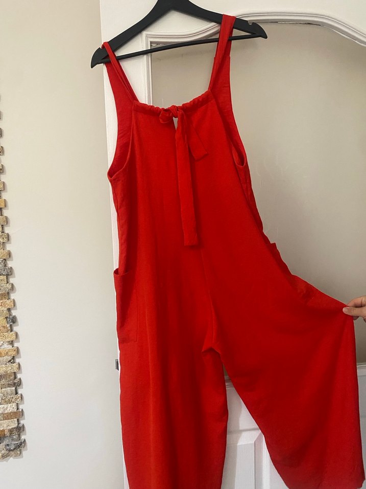 Kırmızı Hamile Keten Tulum V Yakalı - Görsel 4