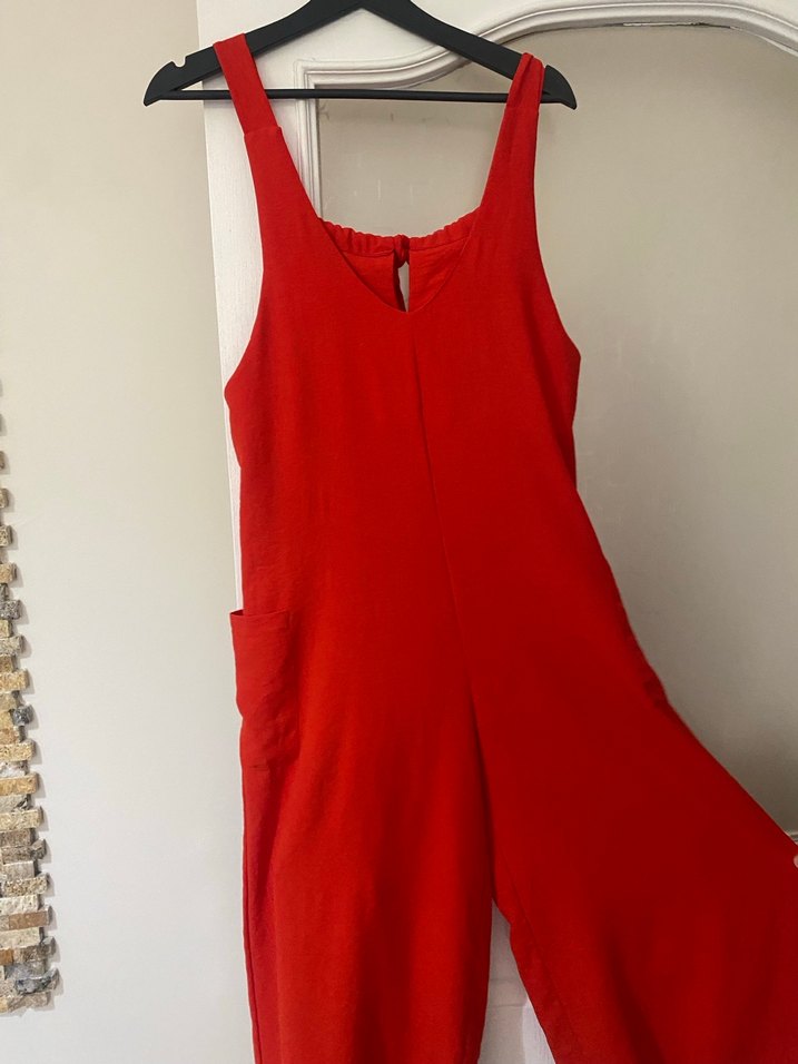 Kırmızı Hamile Keten Tulum V Yakalı - Görsel 3