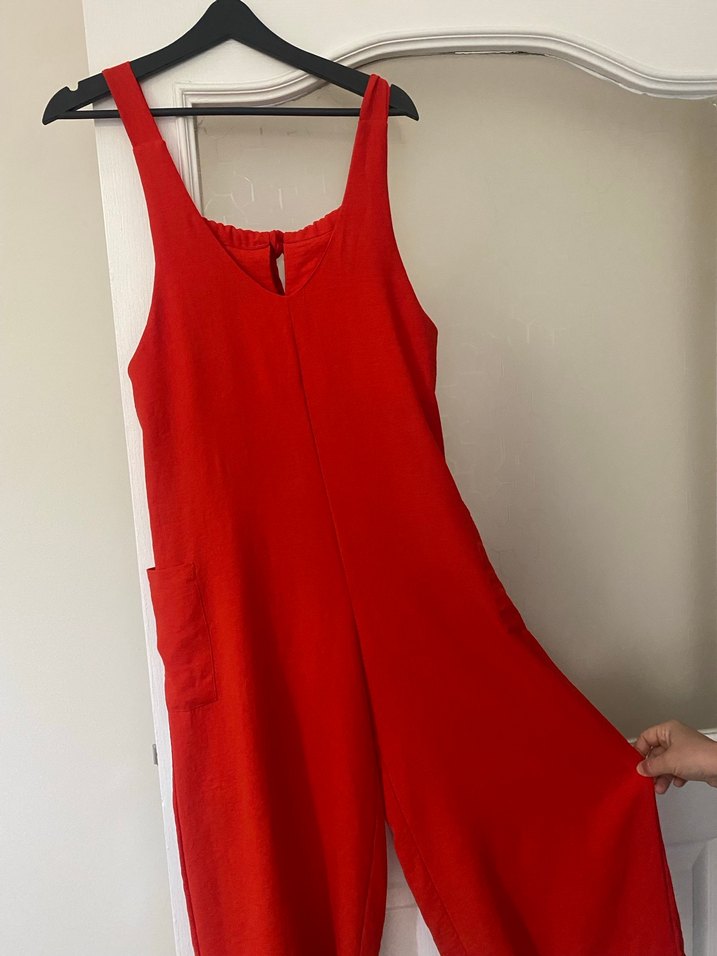 Kırmızı Hamile Keten Tulum V Yakalı - Görsel 2