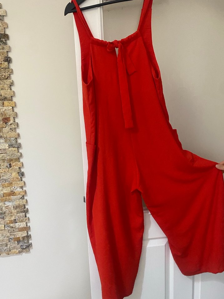 Kırmızı Hamile Keten Tulum V Yakalı - Görsel 5