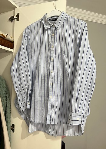 Gri Çizgili Pamuklu Kadın Gömlek - Görsel 2