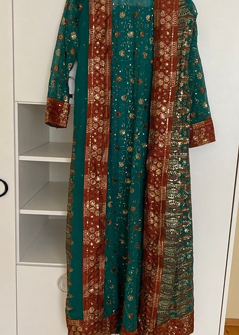 Uzun Bohem Desenli Turkuaz Kadın Hint Elbisesi - Görsel 4