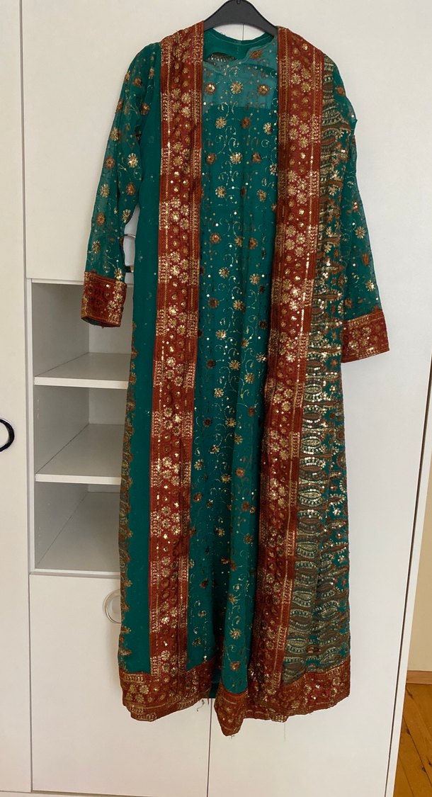 Uzun Bohem Desenli Turkuaz Kadın Hint Elbisesi - Görsel 4