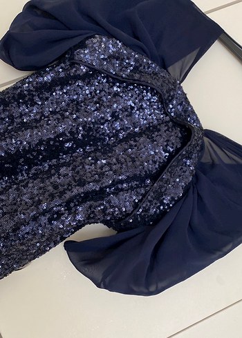 Uzun Lacivert Drapeli Kadın Abiye Elbise - Görsel 2