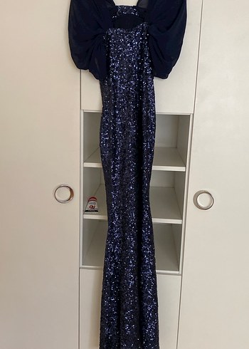 Uzun Lacivert Drapeli Kadın Abiye Elbise - Görsel 6