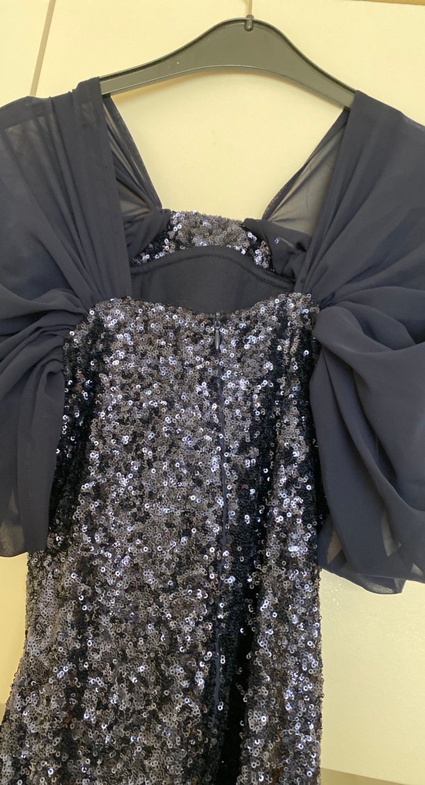 Uzun Lacivert Drapeli Kadın Abiye Elbise - Görsel 5