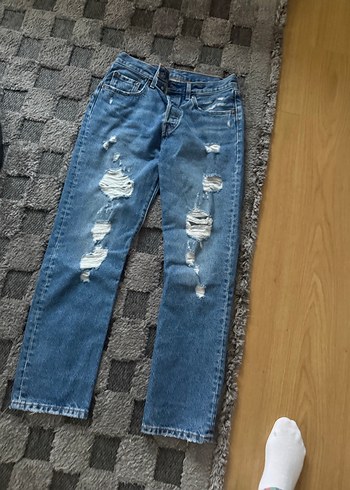 Kadın Mavi Yırtık Bol Kesim Midi Kot Pantolon - Görsel 2