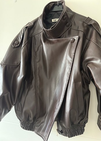 Kahverengi Deri Kadın Ceket - Görsel 5
