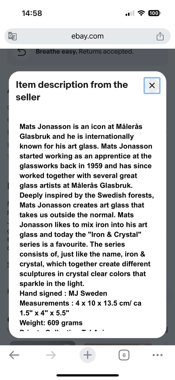 Mats Jonasson El İmzalı Ev aksesuarı. - Görsel 2