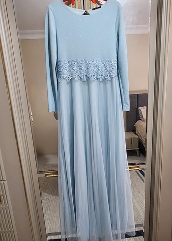 Mavi Uzun Kollu Drapeli Kadın Abiye Elbise - Görsel 2