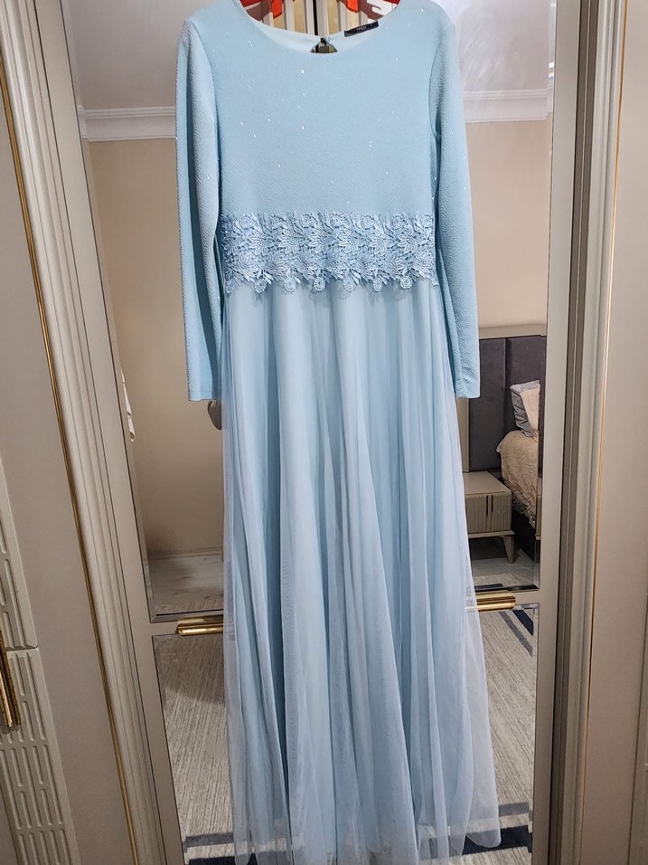 Mavi Uzun Kollu Drapeli Kadın Abiye Elbise - Görsel 2