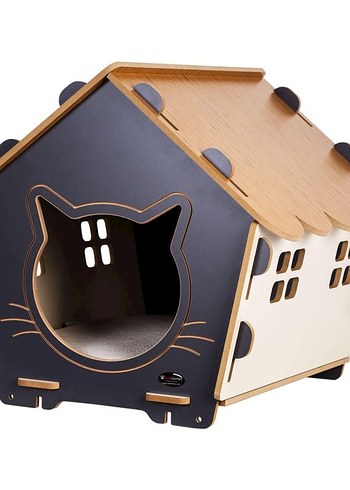 Ahşap Kedi Evi Ev Şeklinde Koyu Kahverengi Boyanabilir - Görsel 4