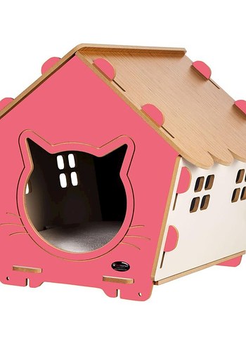 Ahşap Kedi Evi Ev Şeklinde Koyu Kahverengi Boyanabilir - Görsel 2