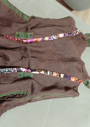 Kızlar için kahverengi nakışlı askılı keten elbise - Görsel 6