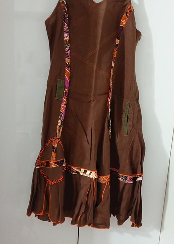 Kızlar için kahverengi nakışlı askılı keten elbise - Görsel 7