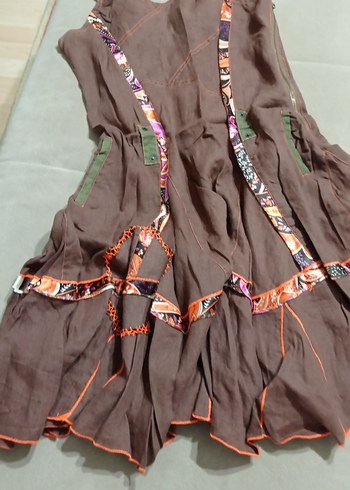 Kızlar için kahverengi nakışlı askılı keten elbise - Görsel 4