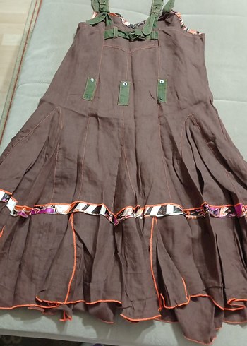 Kızlar için kahverengi nakışlı askılı keten elbise - Görsel 3