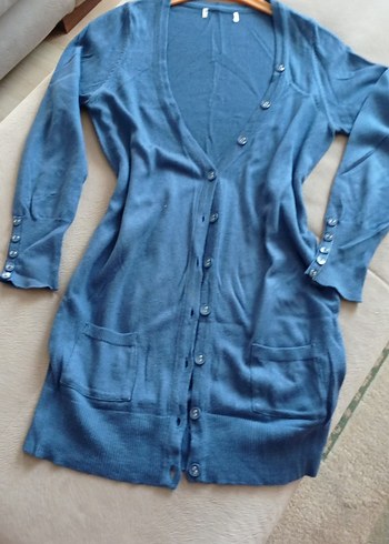 Düğmeli Mavi Midi Denim Hırka - Görsel 4