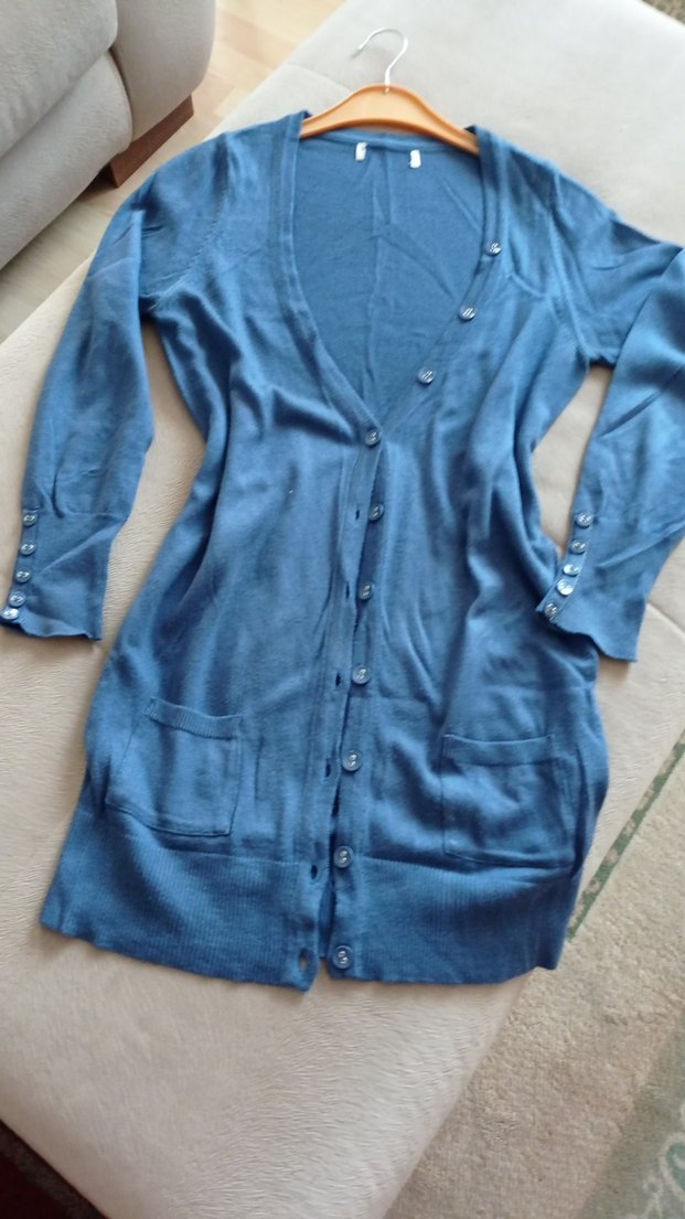 Düğmeli Mavi Midi Denim Hırka - Görsel 4