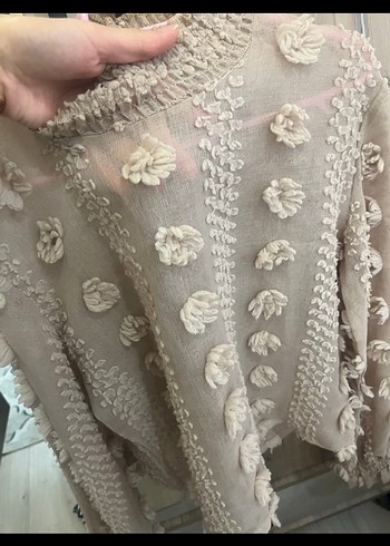 Bej Nakışlı Bohem Kadın Triko Bluz - Görsel 2