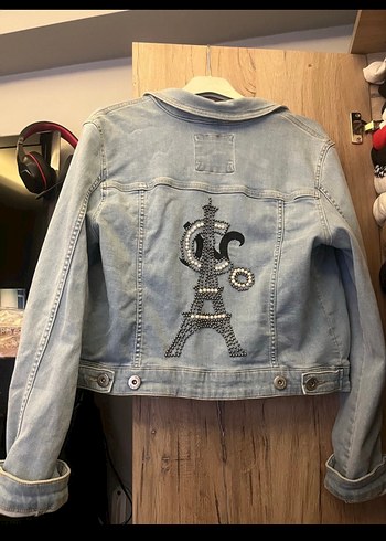 Gri Kadın Kot Ceket, Düğmeli, Uzun Kollu - Görsel 2