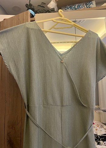 Bej Uzun Keten Elbise, V Yaka, Salaş Kesim - Görsel 2